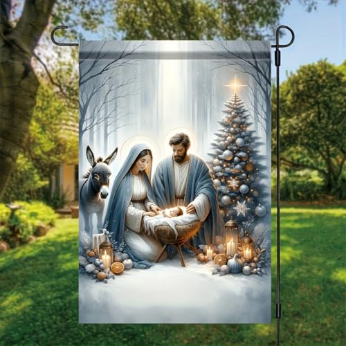 Nativity Scene Polyester Garden Flag-Double-Sided Christmas Yard Lawn Flag, 18X12 Inches-Durable Holiday Outdoor Decoration for Home and Garden