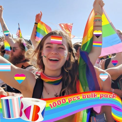 Pride Stickers 1000 PCS, Rainbow Heart & Flag LGBTQ Stickers for Transgender, Lesbian, Bi, Gay, Progress Pride, Pride Month,Parade Accessories, 16 Designs (500 Pieces Per Roll) - style: 1000 PCS Pride Stickers