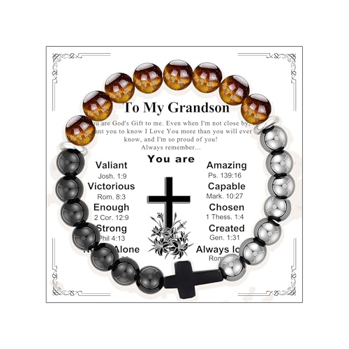 Gifts for Men Bracelets Triple Protection Cross Bracelet 8mm Black Obsidian Hematite Tiger Eye Beaded Natural Stone Bracelets Birthday Jewelry Gifts Cross Christian Gift for Him Husband Son - color: To My Grandson,Triple Style