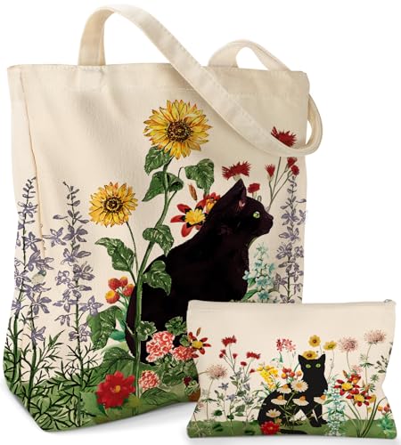 Miss Adola Aesthetic 2 Pack Canvas Tote Bag - with Makeup Zipper Pouch for Women Bag for Shopping, Gym, Travel, Vacation - color: Grass Cat
