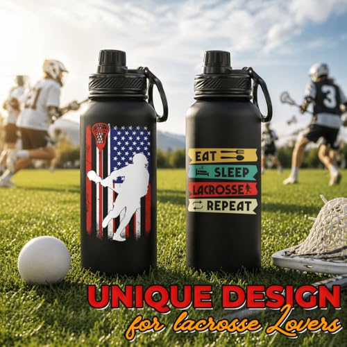 Lacrosse Water Bottle 32oz, Funny Lacrosse Gifts Eat Sleep Lacrosse Repeat, Gifts for Lacrosse Players, Sports Water Bottle for Men Women Boys Girls, Insulated Gym Bottle - color: Lacrosse
