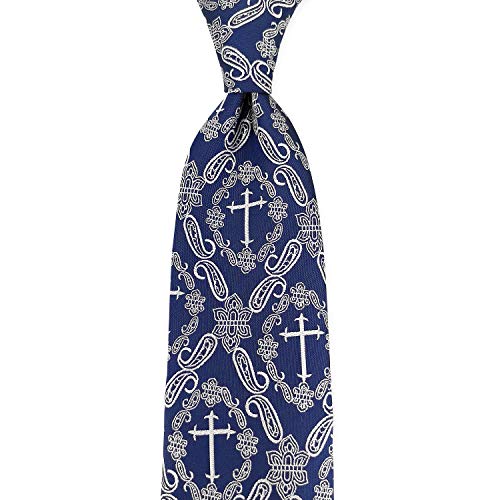 KOOELLE Men's Necktie Novelty Cross Paisley Pattern Tie - color: Navy & White
