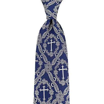 KOOELLE Men's Necktie Novelty Cross Paisley Pattern Tie - color: Navy & White