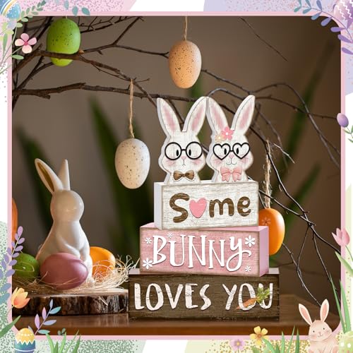 Britimes Tiered Tray Decor Set, 4 Pack, Wooden Table Sign, Easter Bunny - color: Easter Bunny Couple