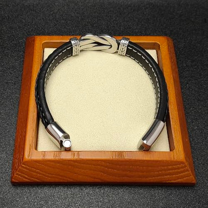 Men's Braided Leather Bracelet Wristband Cuff Bracelet for Men Gifts Stainless Steel Clasp - color: Black