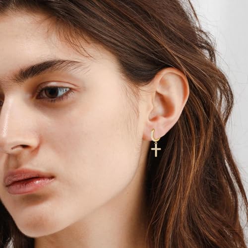 Dainty Huggie Hoop Dangle Earrings for Women, Small Hypoallergenic Hoop Earring with Charm Cross Star Moon Earrings, Sterling Silver CZ Huggie Drop Earrings for Teen Girls - style: Cross-Silver