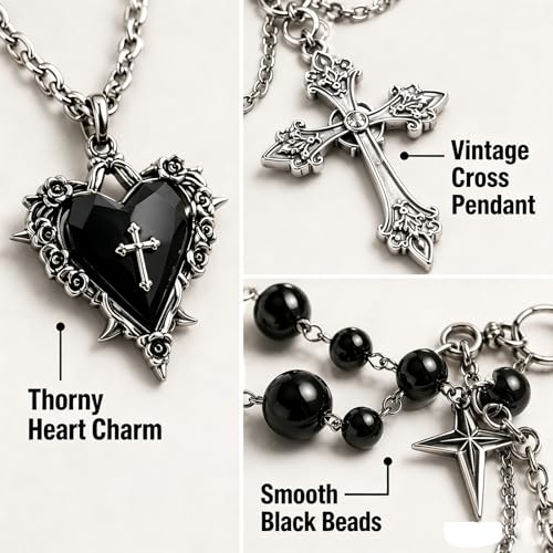 Women's Gothic Y2K Emo Chunky Silver Cross Necklace with Black Pearls, Layered Cross Pendant Necklace Set for Layered Necklaces - Fashion Statement Jewelry