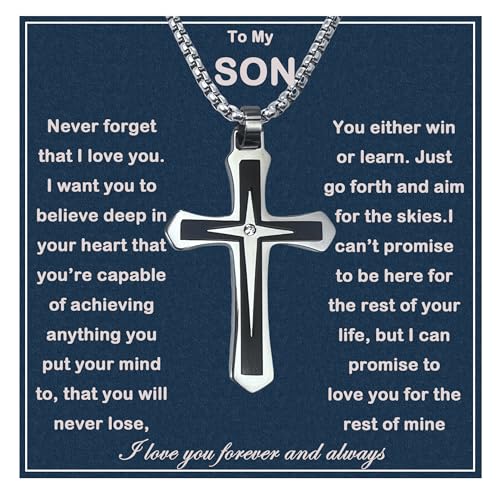 MGOOL Son Gifts From Mom To My Son Necklace From Dad Faith Cross Necklace Present Graduation Birthday Gifts Message Card＆LED Gift Box - color: SN928 Silver-black Wooden Led Box