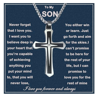 MGOOL Son Gifts From Mom To My Son Necklace From Dad Faith Cross Necklace Present Graduation Birthday Gifts Message Card＆LED Gift Box - color: SN928 Silver-black Wooden Led Box