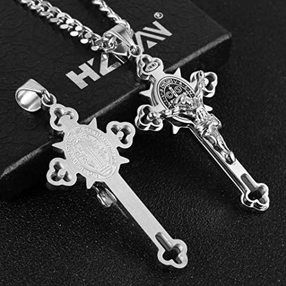 HZMAN Stainless Steel St. Benedict Crucifix Cross Necklace for Men - color: Large Silver