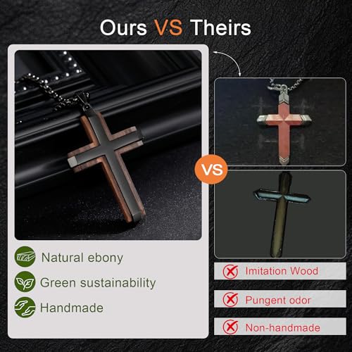 Wooden Cross Necklace for Men With Stainless steel And Black Ebony Adjustable Box Chain 24–26 inches Suitable for Everyday Wear And Christian Gifts for Men - color: Black-M