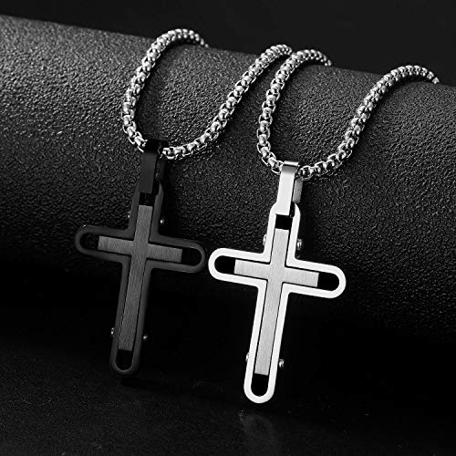 Holizaly Men's Cross Necklace 316L Stainless Steel Pendant White/Gold/Black/Blue Rolo Chain-Gift Box Included - color: Black-A