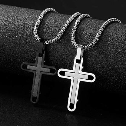Holizaly Men's Cross Necklace 316L Stainless Steel Pendant White/Gold/Black/Blue Rolo Chain-Gift Box Included - color: Black-A