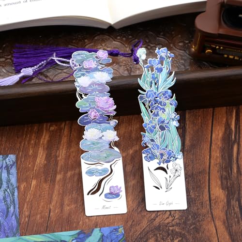 2 Metal Bookmarks with Tassel, Oil Painting Water Lilies and Irises - style: 《Water Lilies》 and 《Irises》