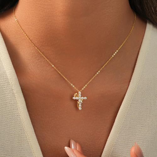 925 Sterling Silver Cross With Crown Necklace for Women 16+2 Inch - color: Gold 2