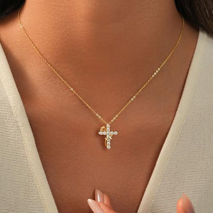 925 Sterling Silver Cross With Crown Necklace for Women 16+2 Inch - color: Gold 2