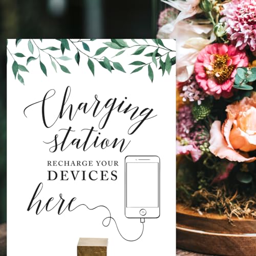 Andaz Press Wedding Party Signs, Natural Greenery Green Leaves, 8.5x11-inch, Charging Station Snap Chat, Instagram and Tweet Away, Recharge Your Phone Here Sign, 1-Pack - color: Activities Charging Station