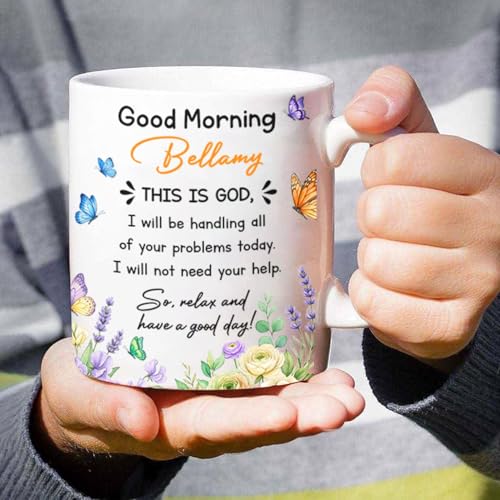 BigTees Customized Jesus God Bible Verse Coffee Mug with Name, Good Morning This is God White Cup 11oz, Personalized Christian Religious Accent Ceramic Cup, Christian Florals Mug Gift for Men Women