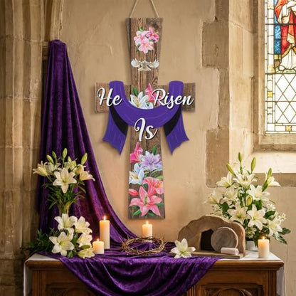 Meooeck Large Easter He Is Risen Door Sign Wooden Religious Cross Hanging Decor Easter Wreaths for Front Door Christian Flowers Lent Hanging Hanger for Farmhouse Front Porch - style: He is Risen