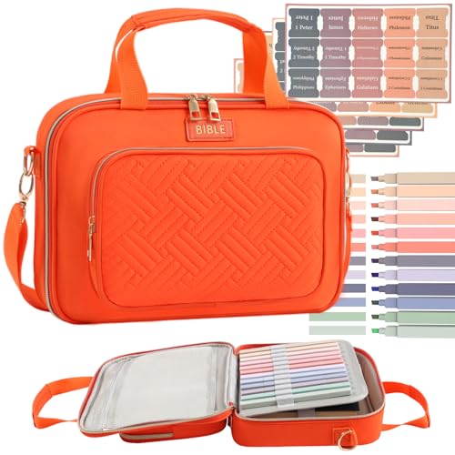 Bible Cover for Women Bible Case, Large Bible Bag, Bible Study Supplies Bible Journaling Kit Book Carrying Case with Bible Highlighters Tabs, Valentines Day Christian Gifts for Women (Orange) - color: Orange