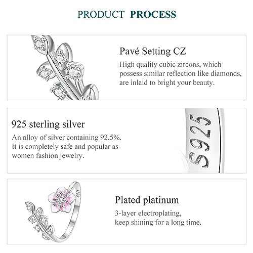 925 Sterling Silver Adjustable Open Ring for Women Trendy Jewelry Gift - color: Pink flowers