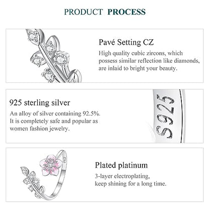925 Sterling Silver Adjustable Open Ring for Women Trendy Jewelry Gift - color: Pink flowers
