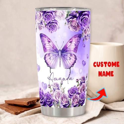 Personalized Christian Tumbler Purple Butterfly Travel Coffee Mug Insulated Cup with Lid Stainless Steel 20 30 oz Religious Gifts for Women Friend Sister Aunt Christmas Birthday - color: Christian 379