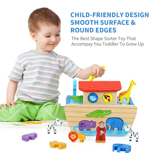 Wooden Noah's Ark Toy Animal Playset for Toddlers,