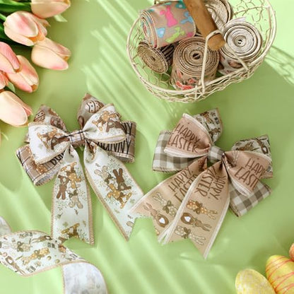 12 Rolls Easter Bunny Wired Edge Ribbon for Wreaths 2 Inch x 60 Yards Happy Easter Floral Bunny Print Grosgrain Ribbon for Bow Gift Bow Crafts Party Supplies 12 Styles - style: Brown Easter