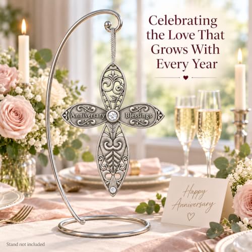 Anniversary Blessings Cross Ornament, Decorative Jeweled Cross Christmas Ornament, Religious for Couple, Husband, Wife, Parents or Grandparents, Christian Cross with Gems, 3.5 Inch