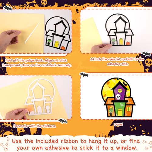 Renbuzhu 36PCS Halloweens Crafts Bulk: Haunted House Paper Suncatchers DIY Kit Party Activities Decorations, Window Stained Glass Effect Art Supplies - style: haunted house
