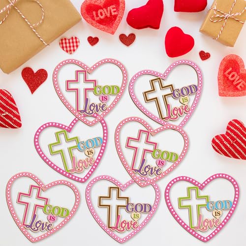 BeYumi Valentines Wooden Ornament Craft - 20Pcs Valentine's Day DIY Wooden GOD is Love Ornaments Craft Kit for Kids Make Your Own Religious Cross Decor with Gem Stickers Church School Party Supplies - style: Heart