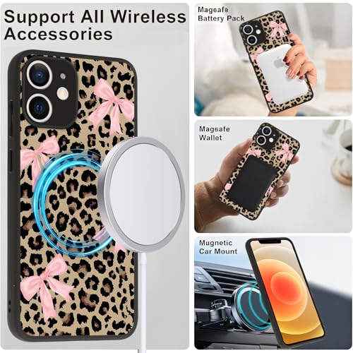 Magnetic Phone Case for iPhone 12 6.1",Compatible with MagSafe, Leopard Cute Bow Pattern Aesthetic Design Cases TPU Shockproof Protective Phone Cover for Girls Women - color: Leopard bow, size: for iPhone 12