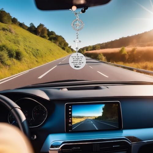 2 Pcs Cross Car Charm, Christian Mirror Hanger Car Accessories with Psalm 91:11 Bible Verse, Rearview Mirror Charm and Ornament for Religious Giving Angel Protection Design