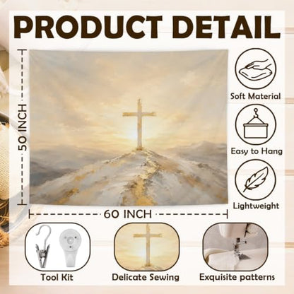 MOLYUB Christian Tapestry for Home Church Prayer Room Bedroom 50x60 - color: Gray and Gold Cross