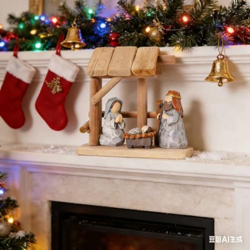Christian Nativity Scene Decoration with Gift Box, Hand-Painted Resin Figurines with Wooden Stable, 6.7 Inches Tall, Perfect for Christmas Tabletop, Holiday Dining Table & Fireplace Decor