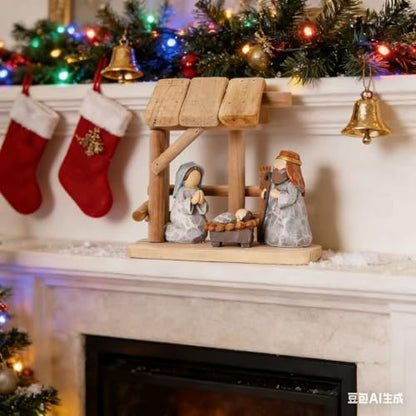 Christian Nativity Scene Decoration with Gift Box, Hand-Painted Resin Figurines with Wooden Stable, 6.7 Inches Tall, Perfect for Christmas Tabletop, Holiday Dining Table & Fireplace Decor