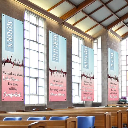 4Pcs Easter Church Banners for Sanctuary Wall Religious Banners Hanging Backdrop Praise Hanging Sign with Scripture Bible Verses Banner Easter Banner for Church School Decor(Blue-pink Gradient) - style: Blue-pink Gradient