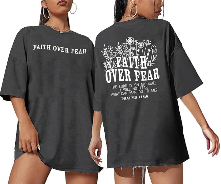 Christian Shirts for Women Faith Over Fear Oversized Graphic Tees - color: Darkgrey, size: Large