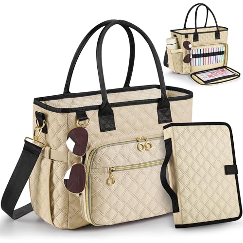 Large Bible Bag with Bible Cover Case for Women Quilted Church Tote Bags for Bible Study, Adjustable Shoulder Strap - color: Khaki