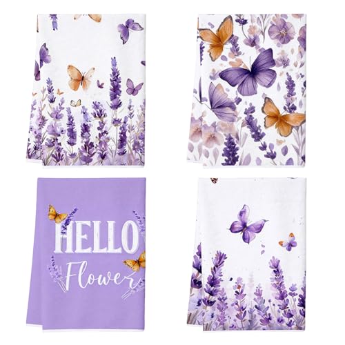 Lavender Kitchen Towels Set of 4, Purple Floral Butterfly Dish Towels - color: Purple Lavender