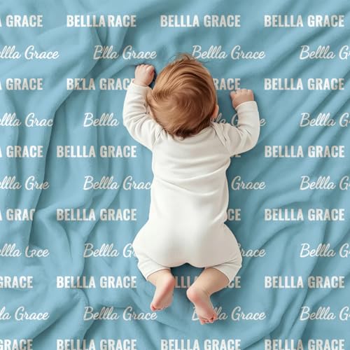 Ships Next Day, Personalized Baby Blanket with Name - Custom Newborn Hospital Swaddle Blanket, Super Soft Plush Flannel Baby Gift for Birth Announcement Shower Easter Gifts for Toddler Kids - color: Light Blue 2