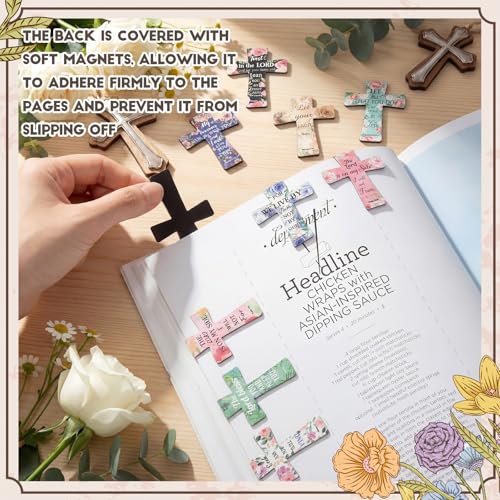 Eaasty 60 Pcs Christian Magnetic Cross Bookmarks Bible Verse Floral Magnetic Bookmarks Bulk Religious Church Reading Gift for Mother's Day Women Men Teacher Book Lovers - style: Christian