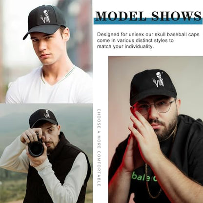 Baseball Cap for Men Cotton Black Baseball Hat for Mens Snapback Hats Trucker Dad Hat Snap Back Flat Bill Men's Caps - color: Biye Skull
