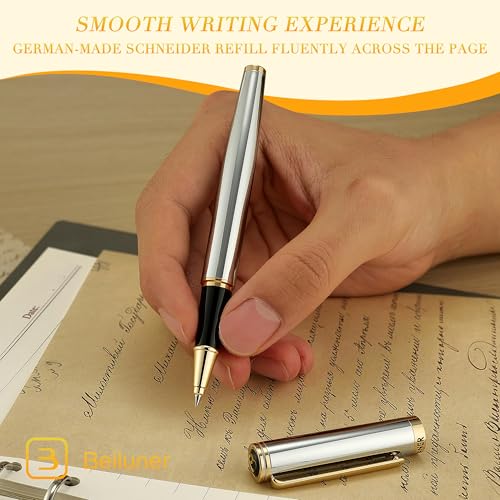BEILUNER Luxury Rollerball Pen, Stunning Silver Chrome with 24K Gold Finish,Noble and Elegant Designs,Schneider Ink Refill, Best Gift Pen for Men & Women, Professional, Executive Office, Fancy Pens - color: ,Silver Chrome and Gold
