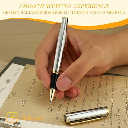 BEILUNER Luxury Rollerball Pen, Stunning Silver Chrome with 24K Gold Finish,Noble and Elegant Designs,Schneider Ink Refill, Best Gift Pen for Men & Women, Professional, Executive Office, Fancy Pens - color: ,Silver Chrome and Gold