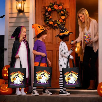 Canvas Tote Bag with Zipper, Halloween Trick or Treat Bags for Kids Bulk - color: [A0] Halloween - Black