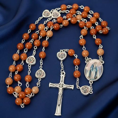 Nazareth Store Natural Stone Beads with Miraculous Epoxy Heart Metal Beads Rosary Necklace Gemstone Christian Gifts - color: Red Aventurine