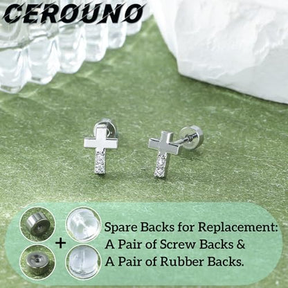 CEROUNO Flat Back Stud Earrings - 925 Sterling Silver Post Flatback Earrings Gold Silver Cubic Zirconia Earrings Studs for Women - color: Silver Cross