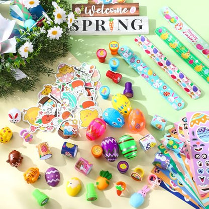 Simgoing 134 Pcs Easter Party Favors Bulk Easter Egg Fillers with Slap Bracelets Stampers Rings Make Your Own Stickers Easter Basket Stuffers for Easter Goodies Bags Classroom Crafts Prize Supplies